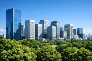 Fototapeta premium 都会のオアシスとして親しまれる緑豊かな公園と青空にそびえ立つ近代的な高層ビル群の風景