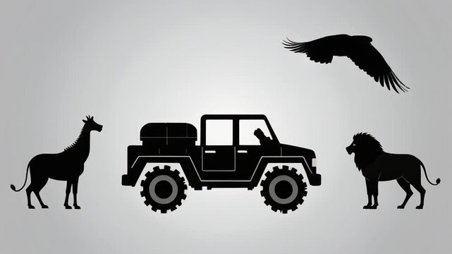 Minimalist African Safari Vector Set, Wildlife Animal Silhouettes, 4x4 Jeep and Soaring Bird Illustration