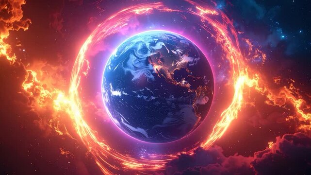Earth encased in a fiery nebula, surrounded by a swirling cosmic vista