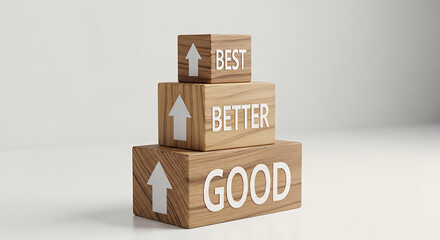 Fototapeta premium Wooden blocks stacked in ascending order with words good, better, best and upward arrows