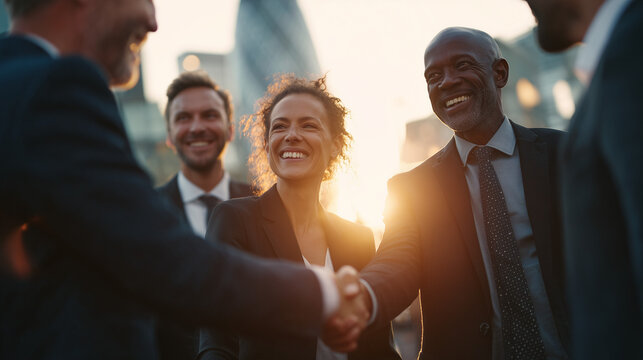 A diverse group of smiling business professionals in formal suits shaking hands outdoors during a warm golden hour sunset with a visible lens flare