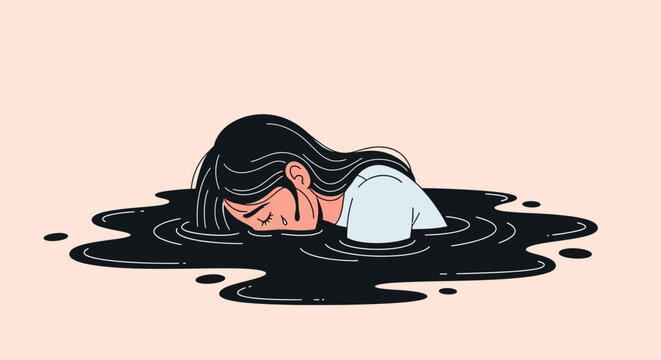Vector illustration of a distressed young woman with long dark hair, crying tears, head and shoulders submerged in a swirling pool of black tar-like liquid on a pink background.