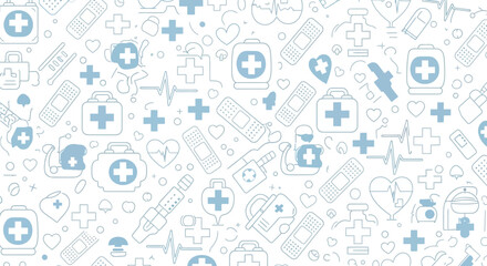 Obraz premium Seamless light blue medical and healthcare line art pattern on white background, featuring first aid kits, bandages, heartbeats, crosses, thermometers, and medical supplies.
