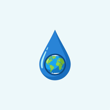 Flat vector style illustration of a blue water droplet with a small Earth inside, clean minimal shapes, white background, environmental awareness poster.