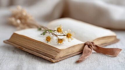 Fototapeta premium Vintage diary with dried flowers and ribbon on linen background