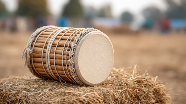 Decorated punjabi dhol drum resting on hay stack in rustic outdoor setting