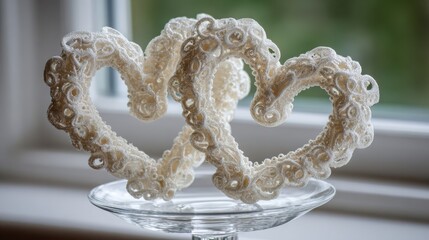 Delicate spun-sugar candy sculpted into intricate white hearts resting on a glass stand, a sweet confectionery art piece.