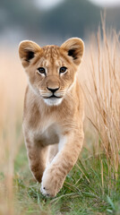 Obraz premium Playful young lion cub frolicking in lush tall grass - nature's joyful wildlife scene