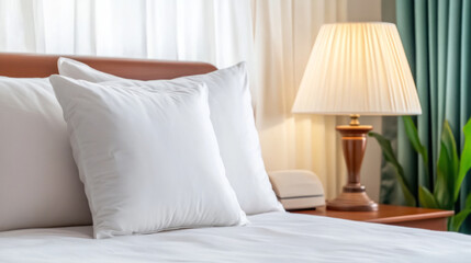 Obraz premium Tranquil bedroom retreat with earthy color palette and cozy ambiance