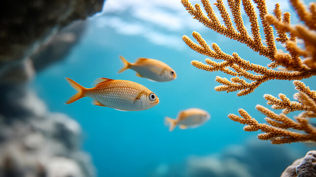 Captivating underwater scene with golden sweepers swimming among coral reefs