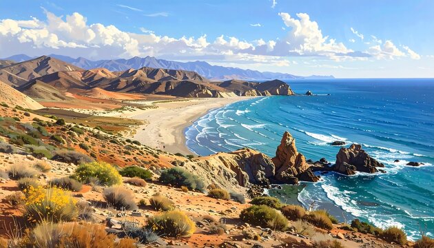 A sweeping landscape of a coastline, with an expansive beach, rolling hills, and a clear blue sea under a sky of fluffy clouds