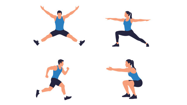 Fitness Workout Poses Set: Jumping Jack, Squat, Running, and Lunge Illustrations for Active Lifestyle