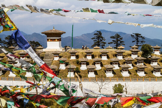 Buddhist Chortens with Prayer Flags at Dochula Bhutan