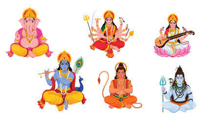 Fototapeta premium Colorful Vector Illustrations of Popular Hindu Deities and Gods, Indian Mythology and Spirituality