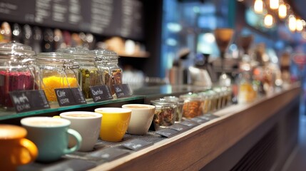 Fototapeta premium Cozy Cafe Atmosphere with Colorful Coffee Cups and Jars of Ingredients in a Modern Coffee Shop Setting