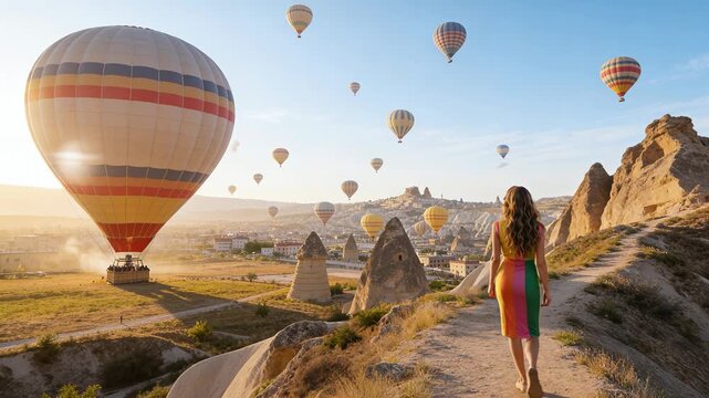 Back view of woman walking at Cappadocia with hot air balloons on a background. 