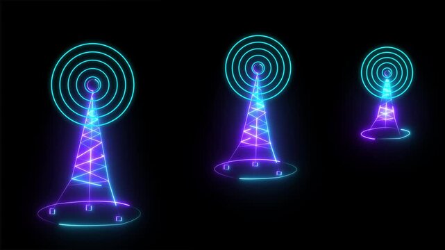 Antenna 3 towers with radio wave signal. Vintage style flat animation on dark background.