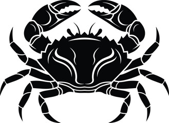 Black crab silhouette vector illustration isolated on white background, detailed marine crustacean icon design, seafood symbol, ocean wildlife graphic for logo, tattoo, stencil or branding use