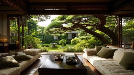 Fototapeta premium Tranquil Japanese Garden View from Cozy Living Room with Elegant Furniture and Lush Greenery in Serene Atmosphere
