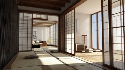 Obraz premium Serene Minimalist Interior of Traditional Japanese Style Room with Natural Light, Tatami Mats, and Shoji Screens for Relaxation and Meditation Spaces