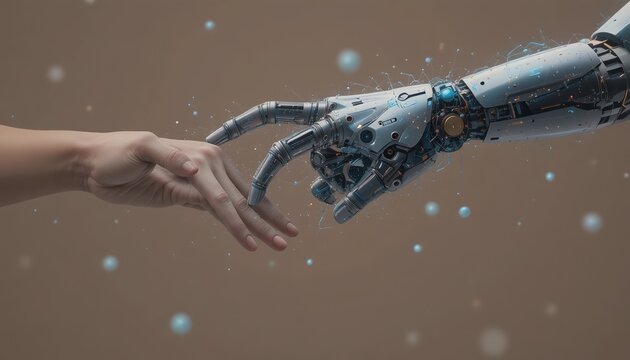 A human hand reaching toward a robotic hand with extended fingers, symbolizing connection between humanity and artificial intelligence, innovation, and future technology on a clean minimal background