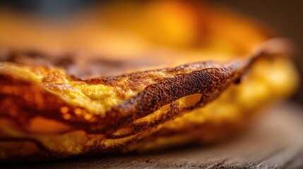 Fototapeta premium Close-Up of a Golden Brown Omelette with Textured Edges on a Wooden Surface in a Warm Kitchen Setting Capturing Culinary Delight and Comfort Food