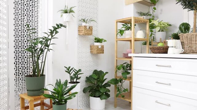Stylish kitchen with beautiful potted houseplants, camera moving out. Interior design