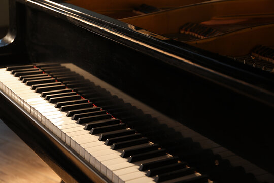 Closeup view of piano keys. Musical instrument