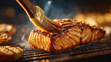 Close-Up View of Grilled Salmon Being Brushed with Glaze on a Hot Grill with Smoke Rising and Golden Brown Grilled Vegetables in Background