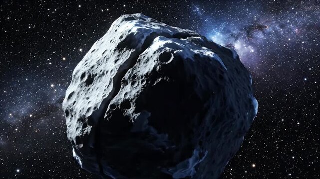 A large grey asteroid floats through the dark cosmos