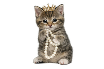 Obraz premium Kitten wearing royal crown and white pearl necklace