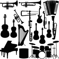Musical instruments silhouettes collection trumpet violin guitar harp piano drums accordion band orchestra music vector illustration isolated set