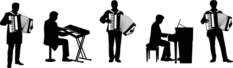 Musicians playing accordion piano and keyboard silhouettes live music performance band instrumentalists vector illustration isolated collection © Goutom