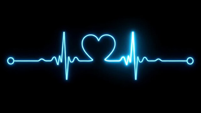 Heartbeat lifeline with heart symbol glowing neon light on black background