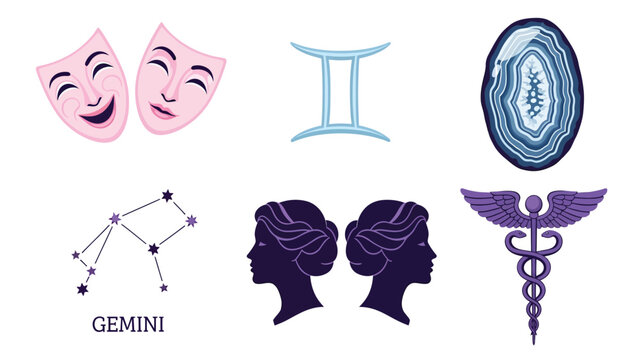 Gemini Zodiac Symbol Collection Astrology Constellation Birthstone Symbol Caduceus Faces Icons for Horoscope and Spiritual Concepts