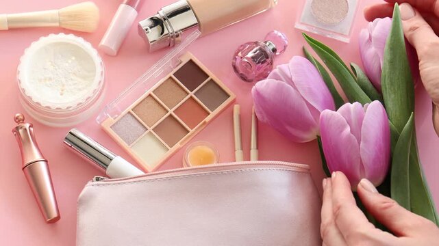 Woman with beautiful flowers and makeup products on pink background, closeup