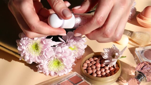 Woman with beautiful flowers and makeup products on beige background, closeup