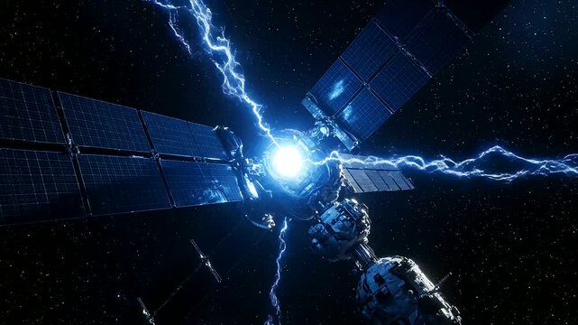 Orbital Power Satellites generating intense blue cosmic energy discharge in deep space, illuminating advanced space station with glowing electricity, futuristic science and technology concept.