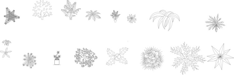 Technical landscape architectural drawing showing various plants and trees in plan view including palms, shrubs, flowering plants and ground cover vegetation in grayscale. © Riki
