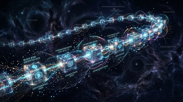 A glowing digital chain of interconnected cubes represents a decentralized ledger system flowing through abstract dark space.