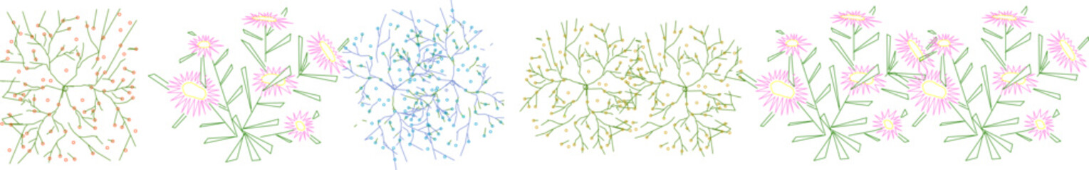 Technical landscape architectural drawing showing various flowering plants and shrubs in plan view with colored foliage and blooms in pink, blue and green. © Riki