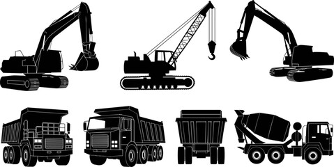 Silhouette set of construction heavy equipment including excavator, crane, dump truck and concrete mixer isolated, industrial machinery collection for building, engineering and construction industry  © Goutom