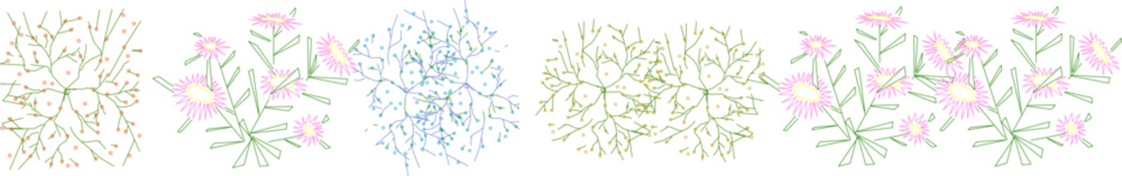 Technical landscape architectural drawing showing various flowering plants and shrubs in plan view with colored foliage and blooms in pink, blue and green.