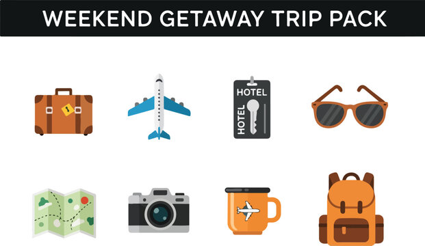 Flatstyle illustration of travel items Suitcase plane key card sunglasses map camera mug backpack