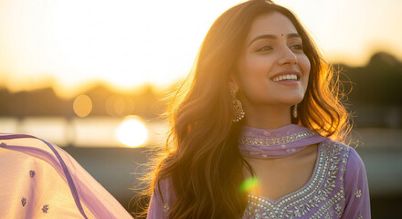 Beautiful indian woman smiling at sunset with traditional dress and jewelry in a warm and golden light