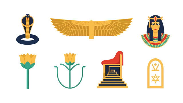 Ancient Egyptian Symbols and Icons Collection Pharaoh Cobra Lotus Flower Ankh Hieroglyphs Throne Winged Sun Disc Vector Art