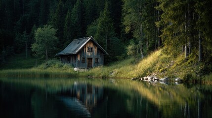 Serene Wooden Cabin Reflected in Calm Lake Surrounded by Lush Trees in a Peaceful Forest Landscape During Golden Hour Light