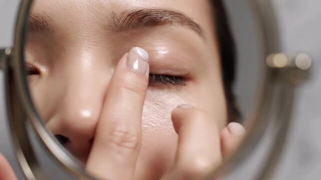 Woman applies eye cream.