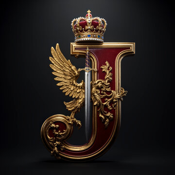 letra J, dorada, arte, metal, s&iacute;mbolo, antig&uuml;edad, chapas, decoraciones, firmar, dechado, corona, rusia, viejo, antique, divisa, aguilas, designio, puerta, escudo, muro, medalla, soviet, historia, asp