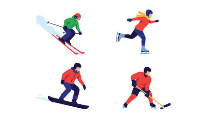 Obraz premium Winter Sports Collection Diverse Outdoor Activities Featuring Skiing Snowboarding Ice Skating and Hockey Set on White Background